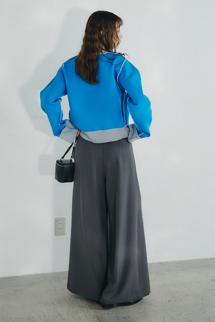 [SET]リバーシブル配色ニットカーディガン+ベルト付きツータックワイドパンツ(2set)