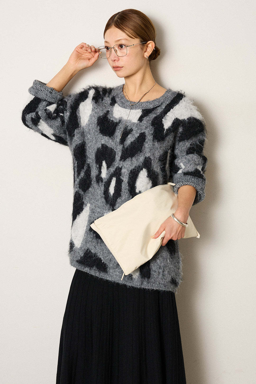 [SET]ルーズアニマルモヘアニットトップス+編み地切り替えフレアニットスカート(2set)