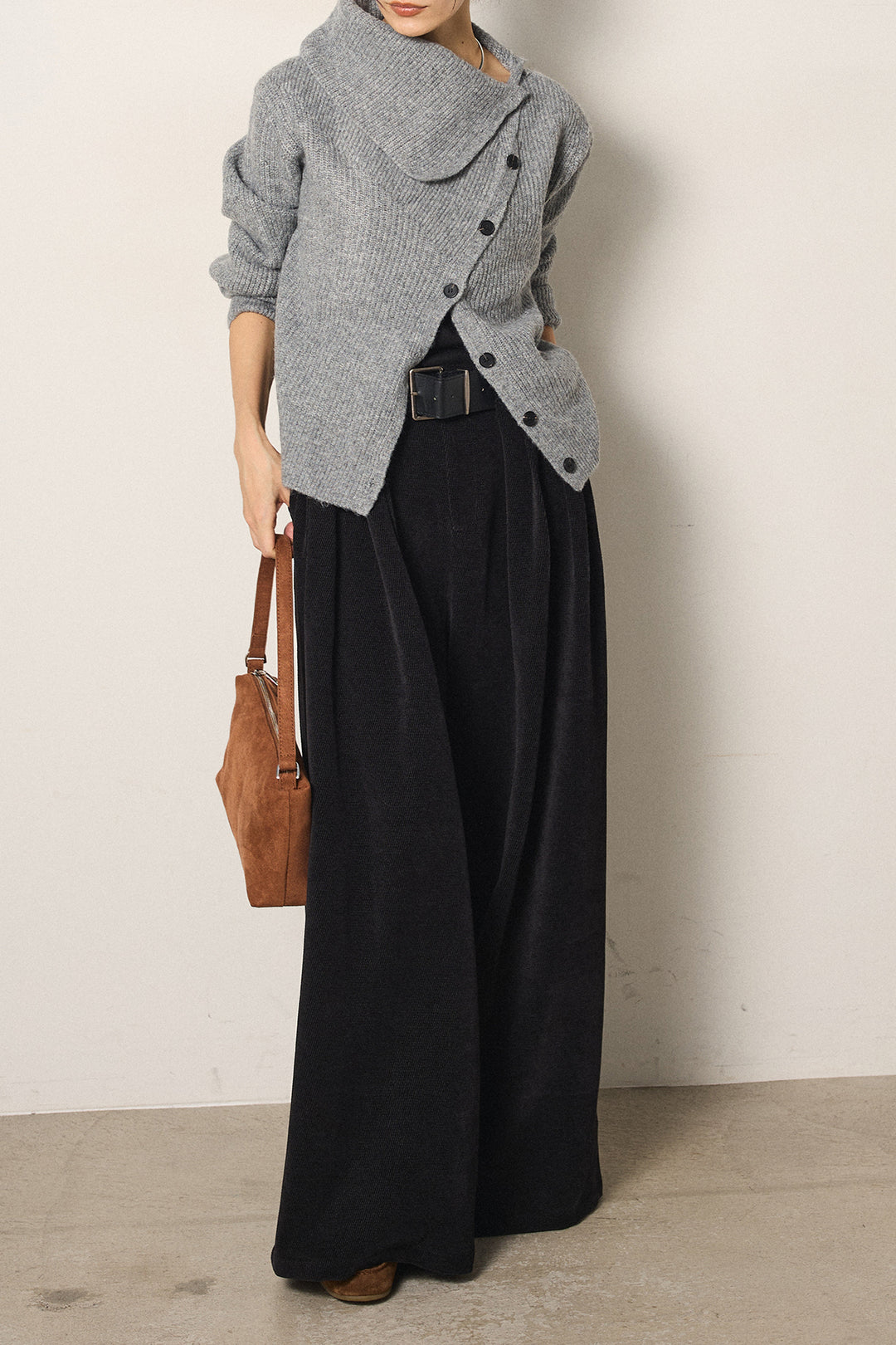 [SET]ボタンデザインネックニットプルオーバー+ベルトループコーデュロイワイドパンツ(2set)