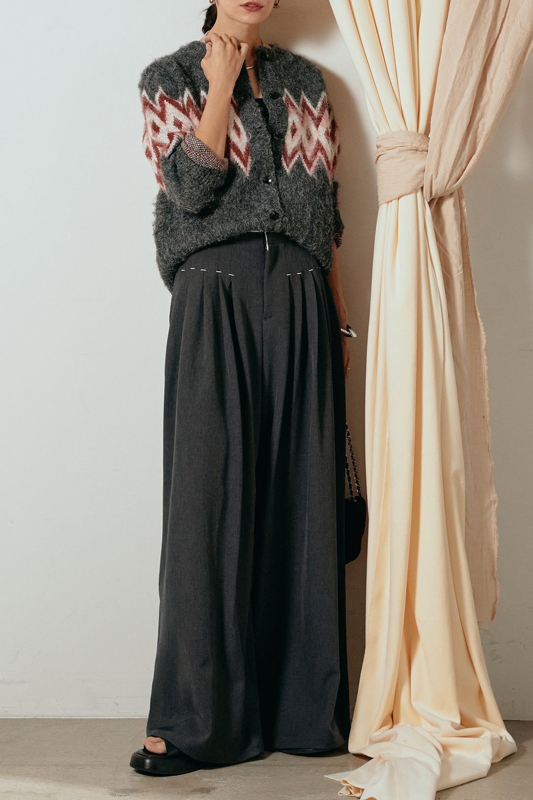 [SET]起毛ノルディック柄ニットカーディガン+ウエストステッチデザインワイドスラックス(2set)