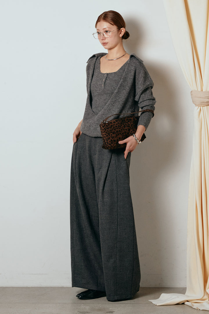 [SET]襟付きレイヤードニットトップス+ポーチベルト付きカーブパンツ(2set)