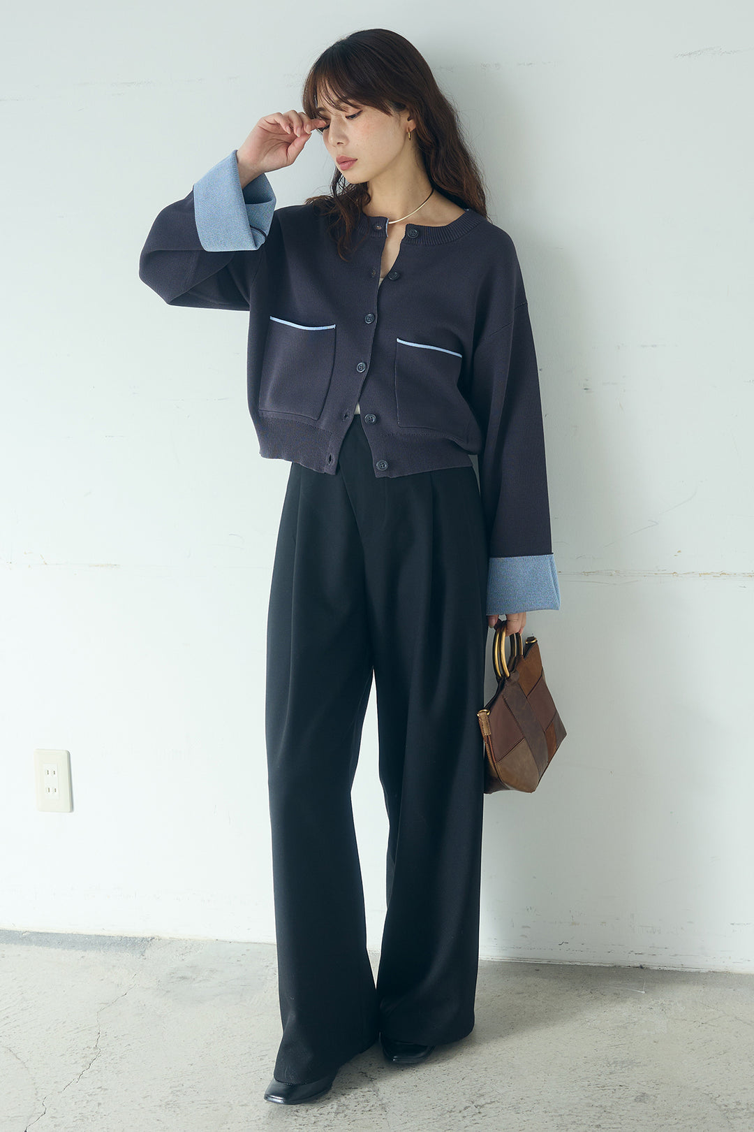 [SET]レーヨンポリダブルフェイスカーディガン+サイドベルトタック入りスラックス(2set)