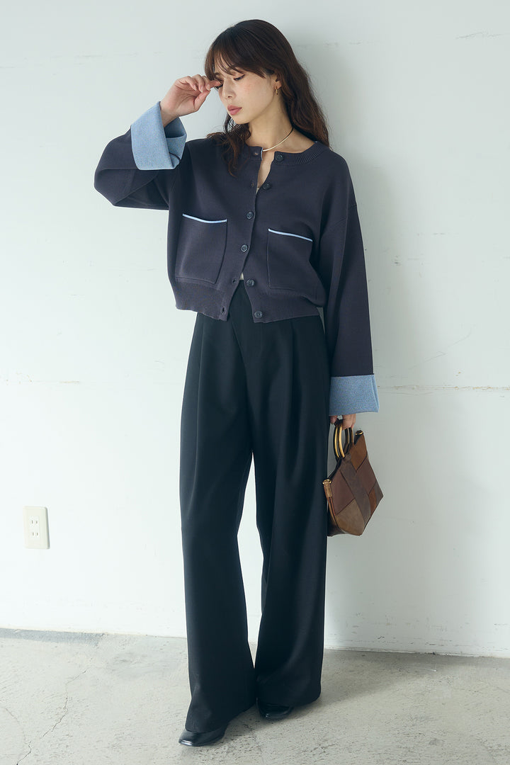 [SET]レーヨンポリダブルフェイスカーディガン+サイドベルトタック入りスラックス(2set)