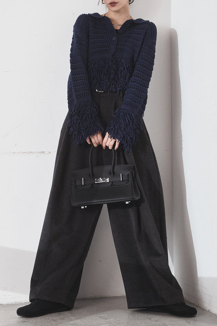 [SET]メッシュフリンジカーディガン+ウールタッチカーブワイドパンツ(2set)