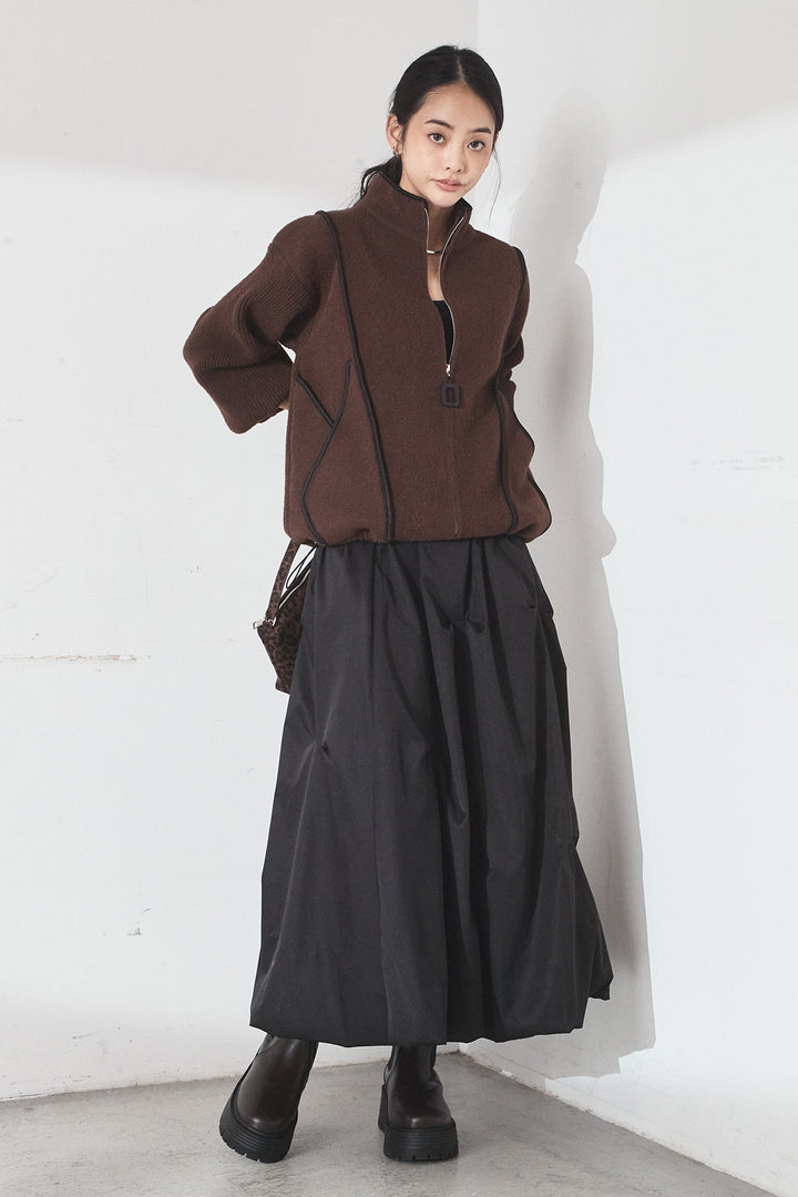 [SET]ハイネックパイピングデザインブルゾン+ランダムタックバルーンスカート(2set)