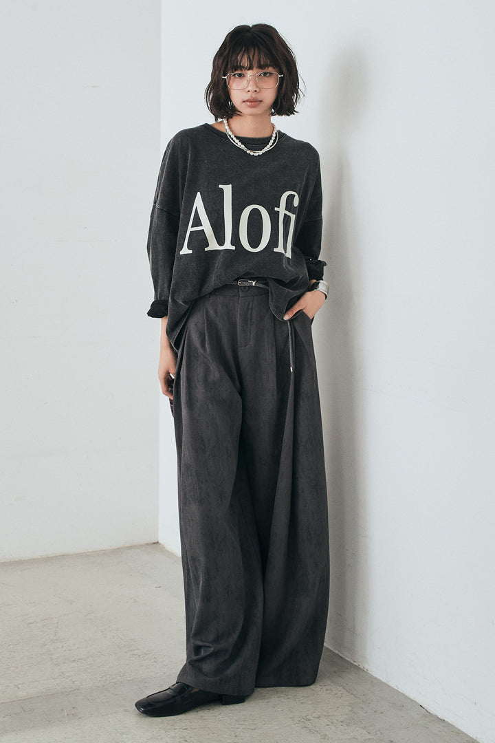 [SET]裾センタードロストロゴプリントワイドTシャツ+紐ベルト付きかすれ柄ワイドスラックス(2set)