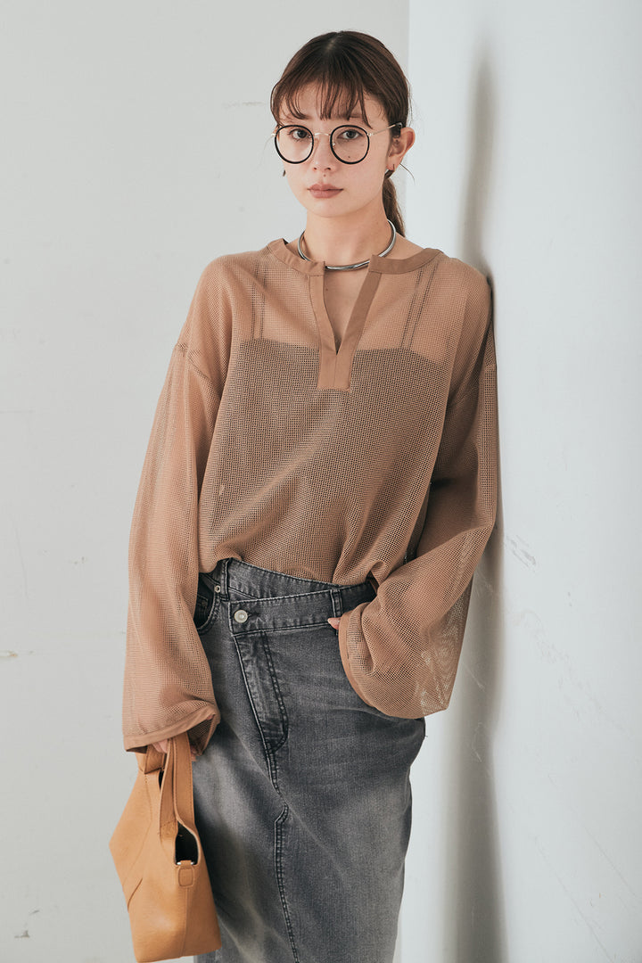 [SET]メッシュカットソースキッパープルオーバー+ウエストクロスデニムタイトスカート(2set)