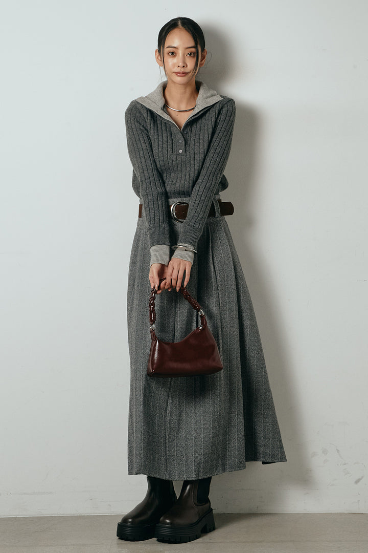 [SET]レイヤード風リブニットトップス+太ベルト付きヘリンボーンプリーツスカート(2set)