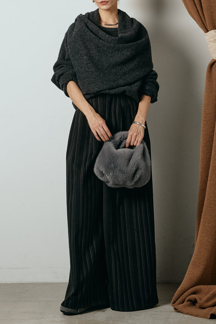 [SET]ネック巻きデザインニットトップス+タック入りマルチストライプ柄ワイドパンツ(2set)