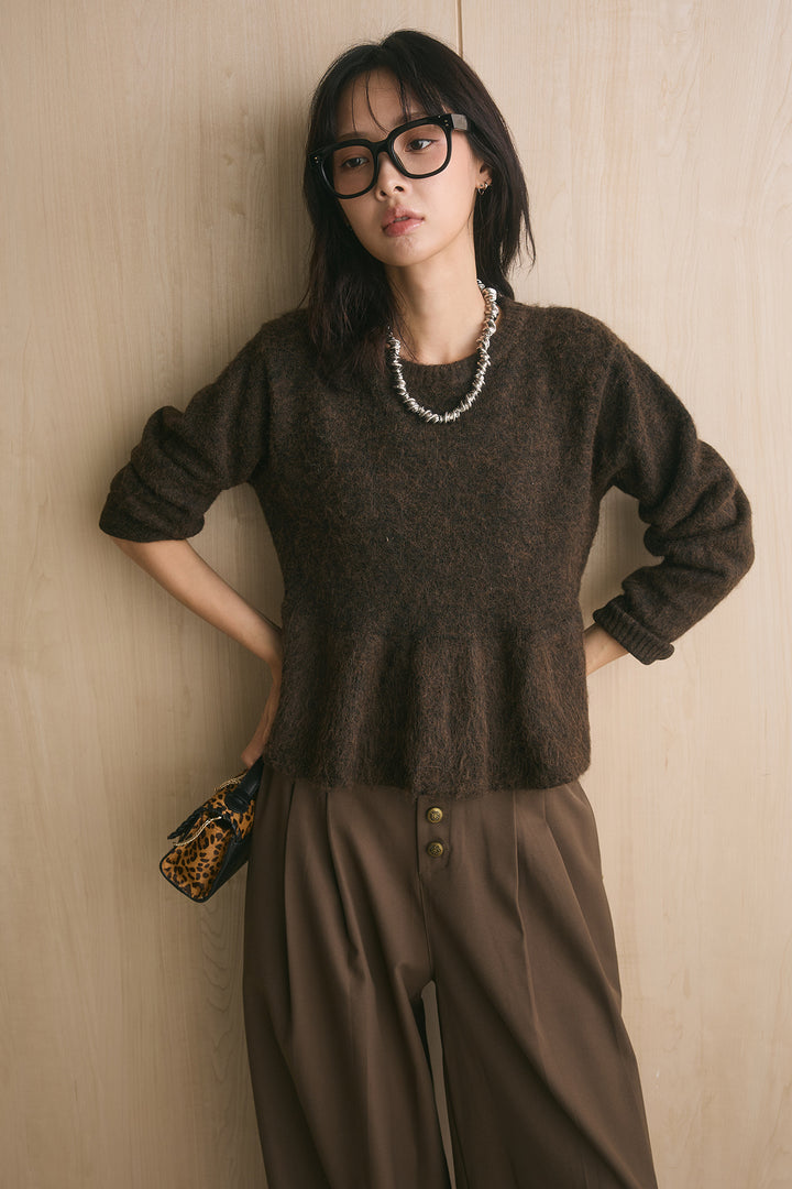 [SET]モヘアぺプラムクルーネックプルオーバー+ファイブボタンツータックワイドパンツ(2set)