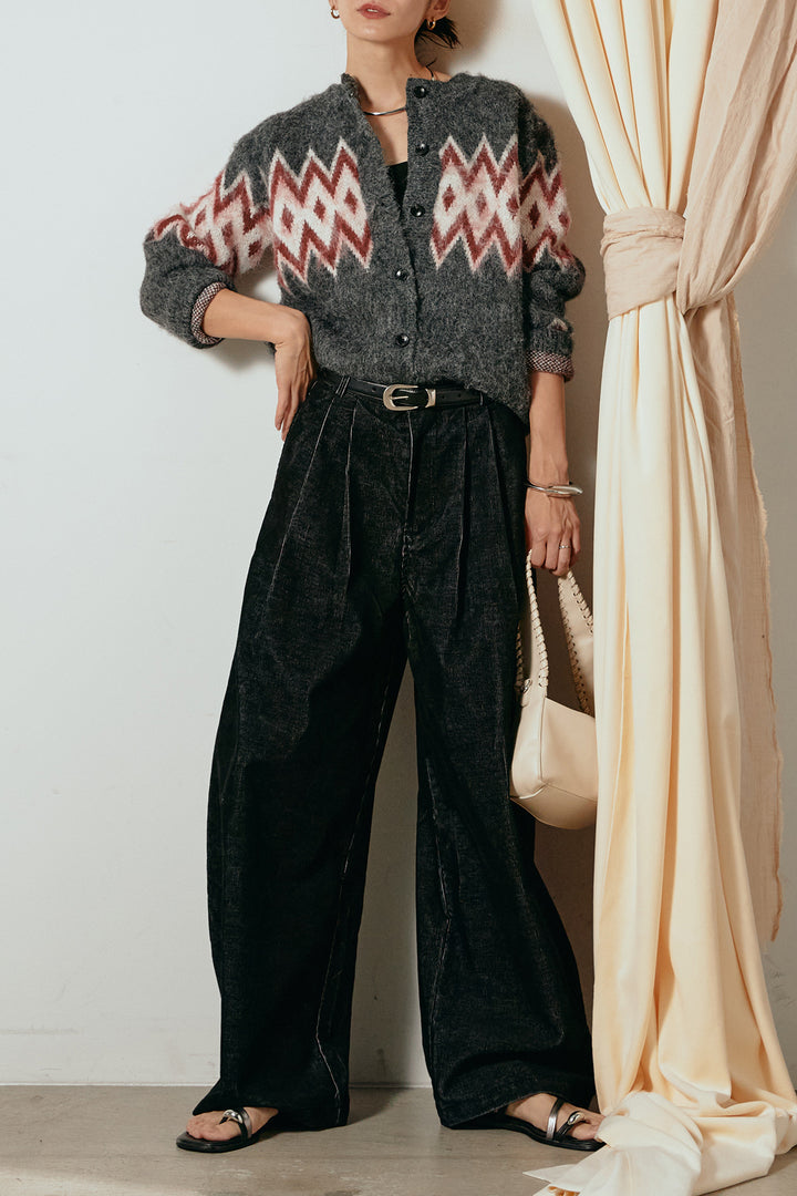 [SET]起毛ノルディック柄ニットカーディガン+フロントタック入りコーデュロイパンツ(2set)
