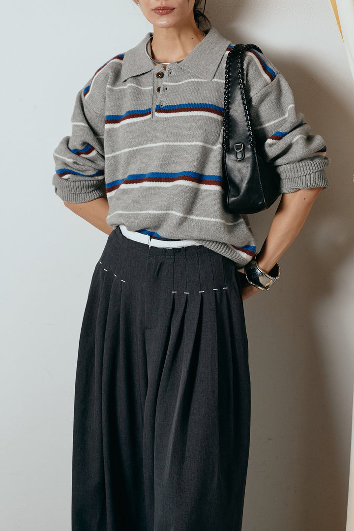 [SET]襟付きマルチボーダーニットポロトップス+ウエストステッチデザインワイドスラックス(2set)