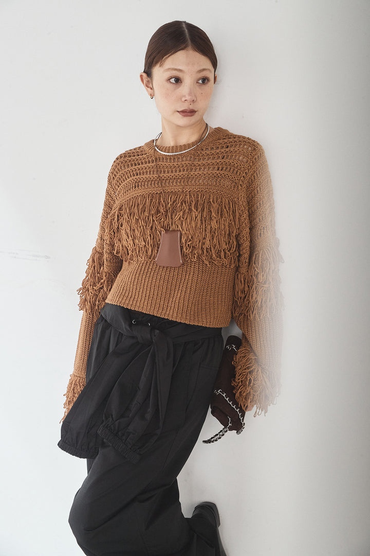 [SET]メッシュフリンジ切り替えプルオーバー+合繊ツイルスタンドウエスト巻きジョガーパンツ(2set)