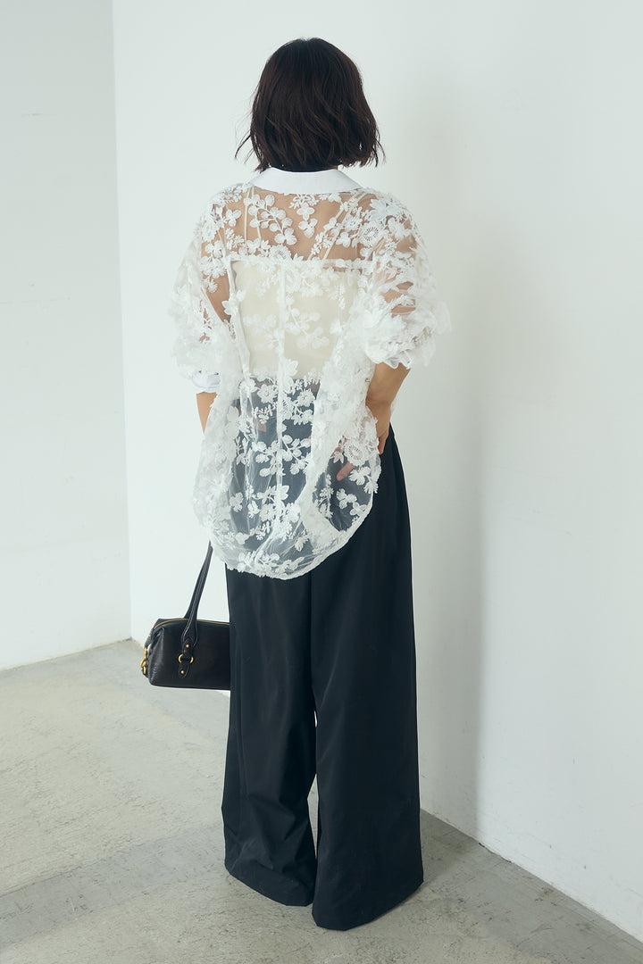 [SET]立体フラワー刺繍レースシャツ+ベルトループデザインハイウエストタックパンツ(2set)