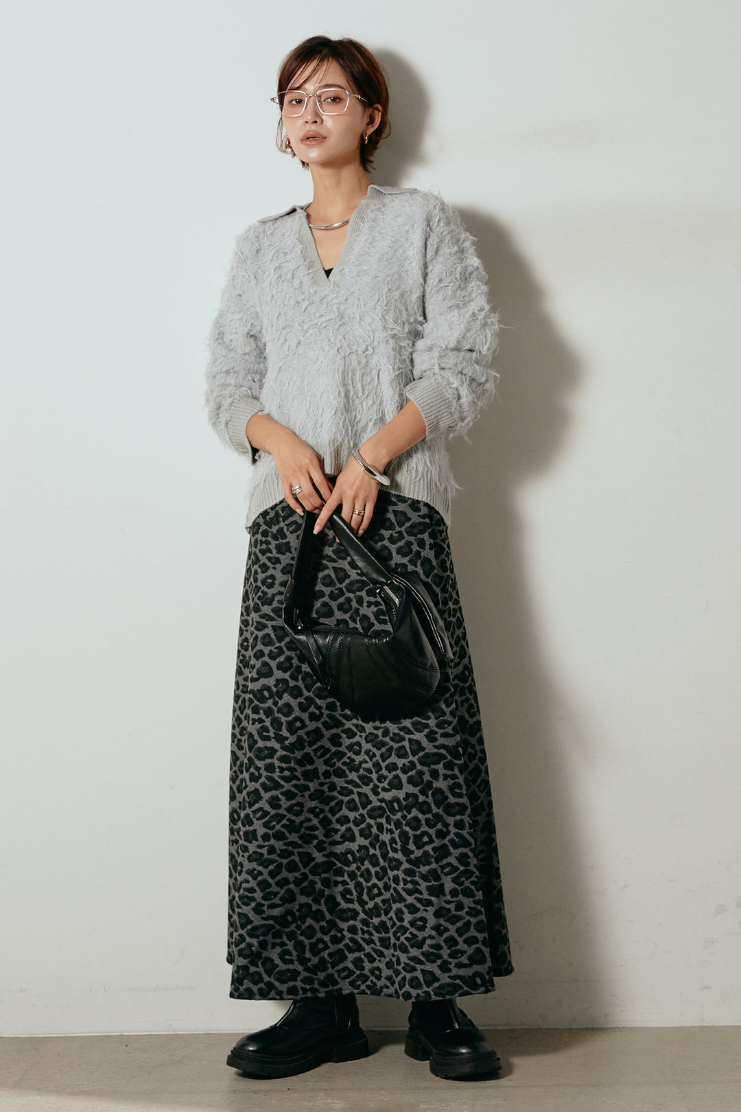 [SET]襟付きシャギーニットポロトップス+レオパードロングスカート(2set)
