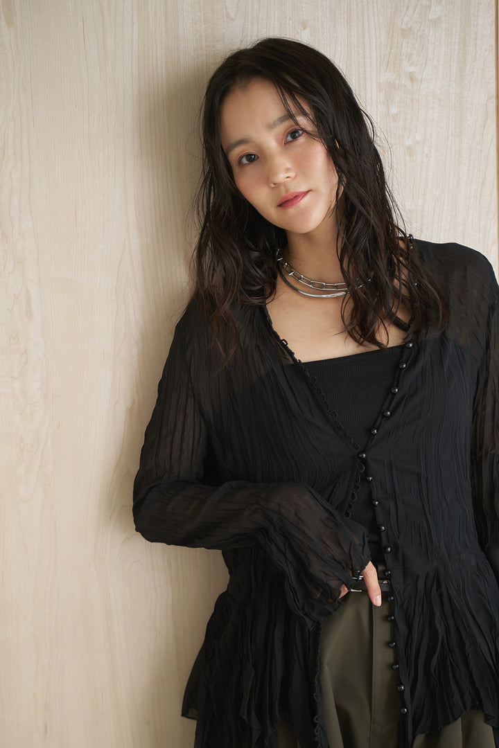 [SET]ワッシャーフロントクルミボタンブラウス+ダブルスキニーベルト付きカーブパンツ(2set)