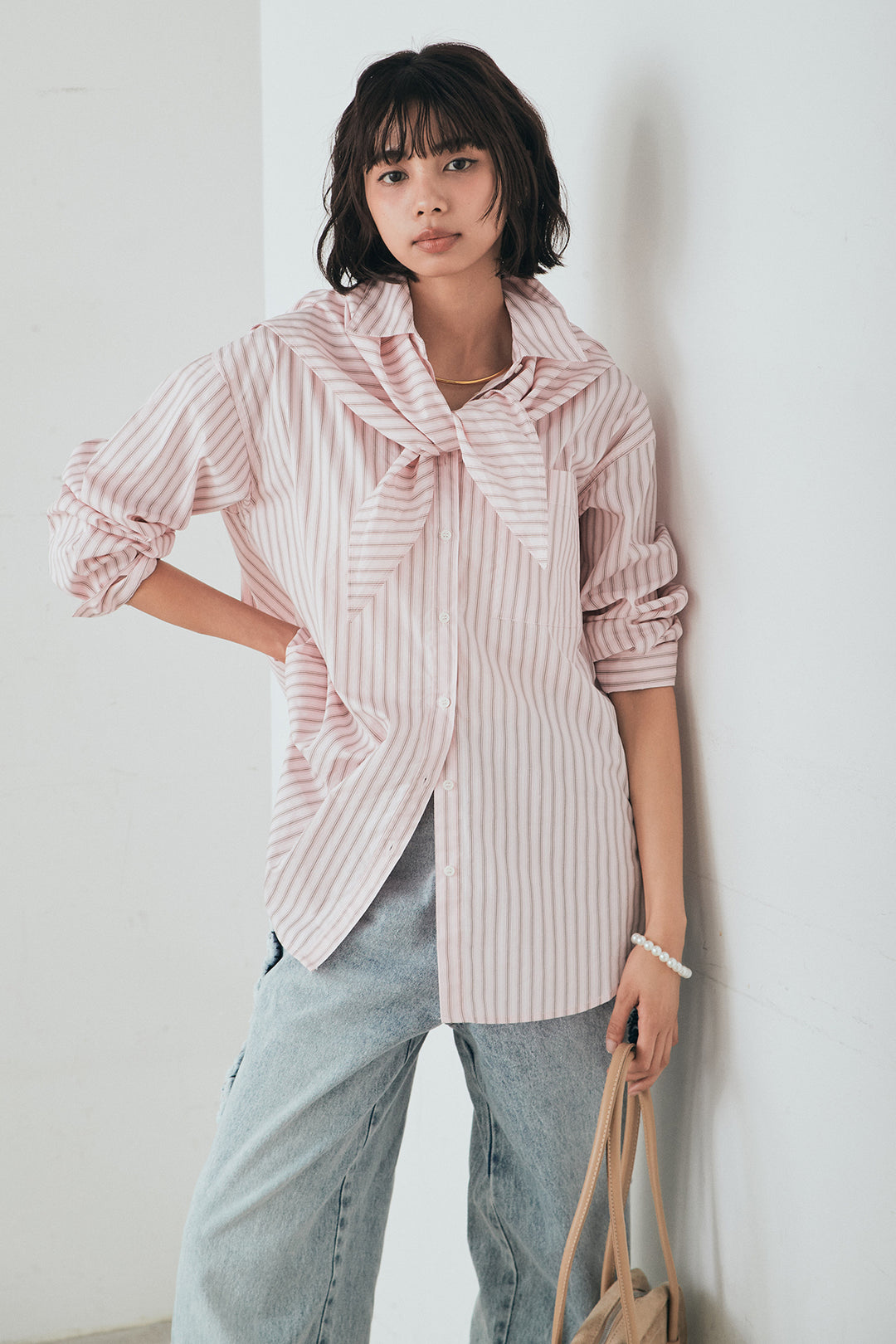 [SET]ランダムストライプスカーフ付きシャツ+デニムサイドフリルパンツ(2set)