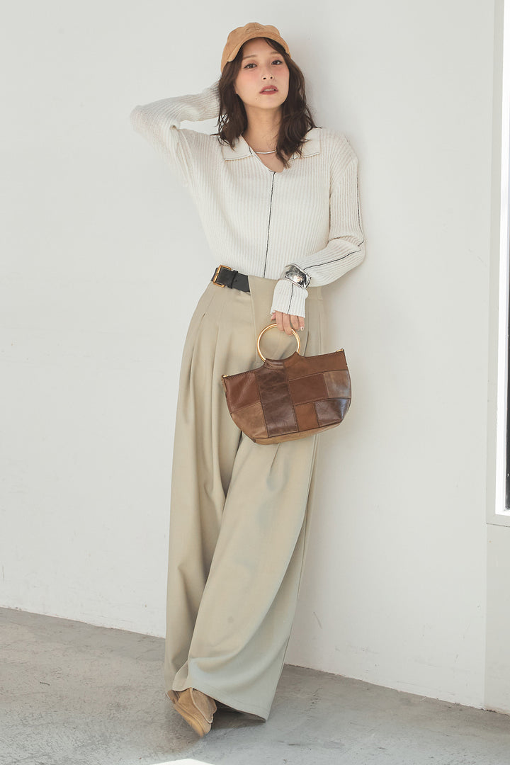 [SET]衿付きニットプルオーバー+サイドベルトタック入りスラックス(2set)