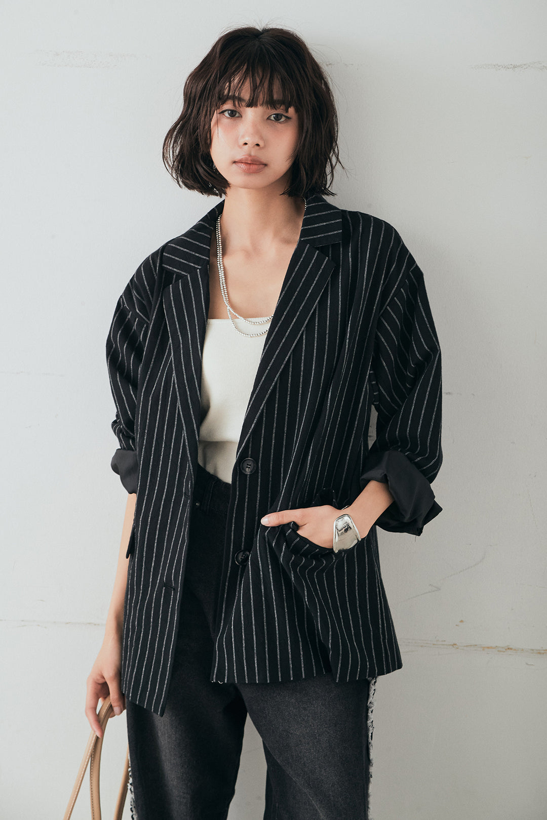 [SET]リネンライクストライプテーラードジャケット+デニムサイドフリルパンツ(2set)