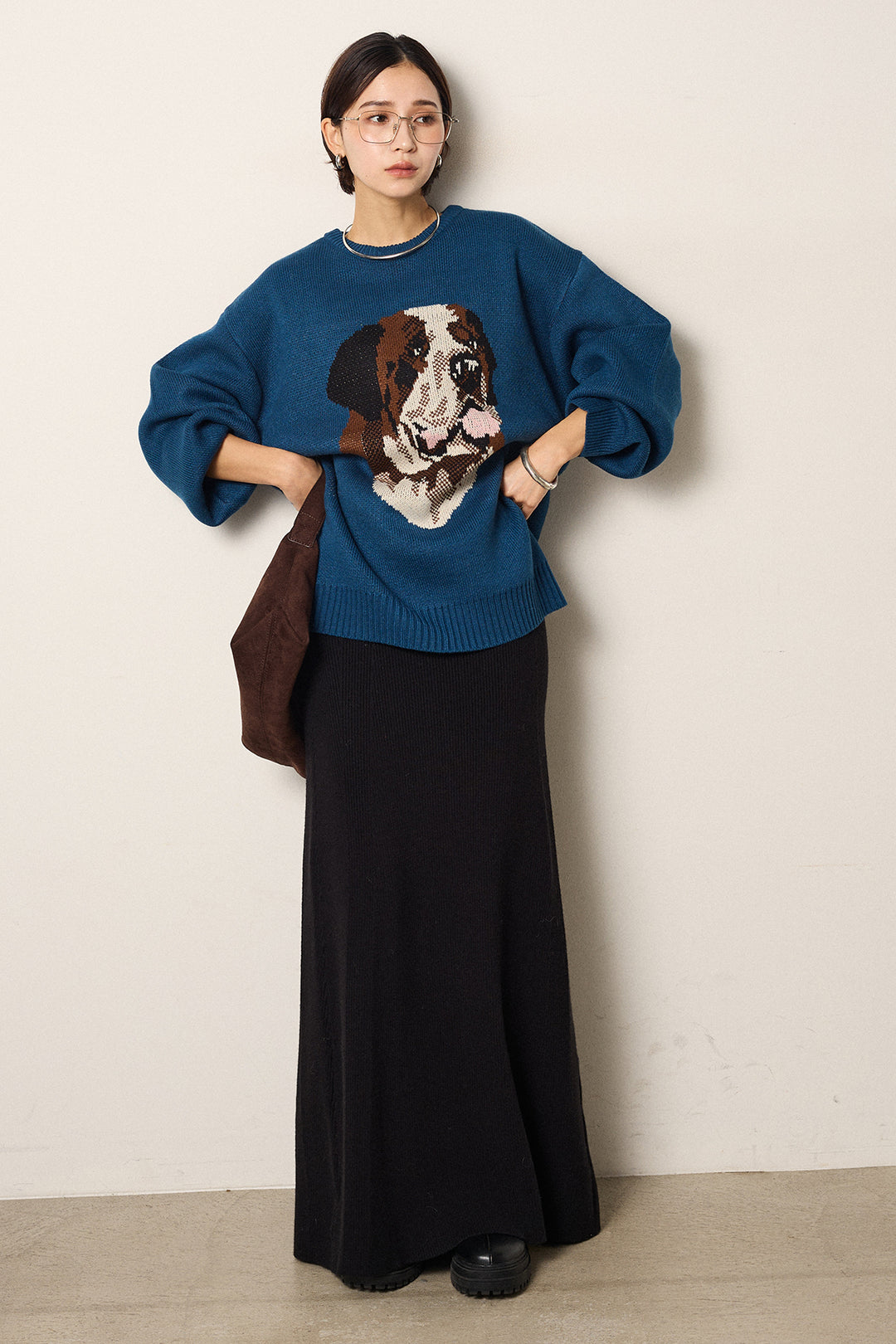 [SET]アニマルジャガード柄ニットトップス+リブナローニットスカート(2set)