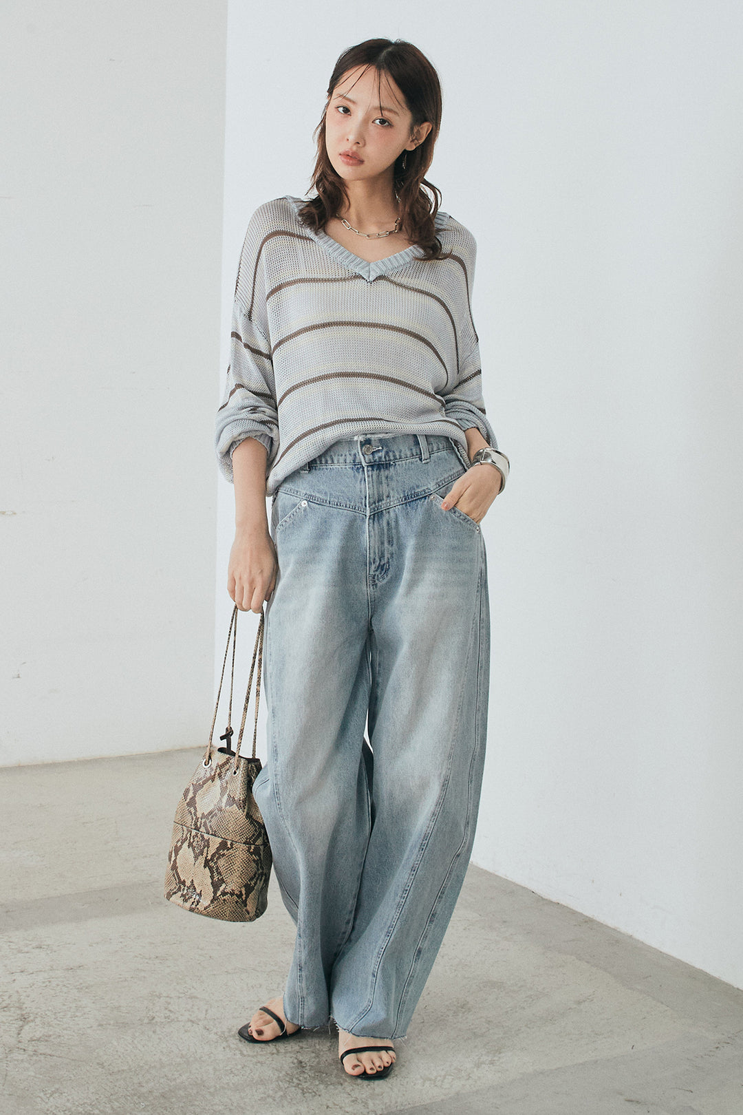 [SET]綿タッチVネックボーダートップス+デニムヨークパンツ(2set)