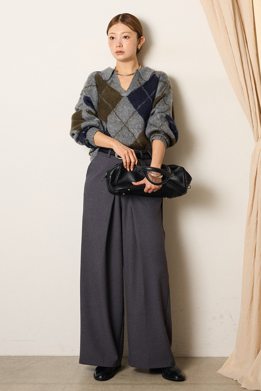 [SET]アクリルモヘアアーガイルキーネックプルオーバー+フロントワイドタックネップ入ワイドパンツ(2set)