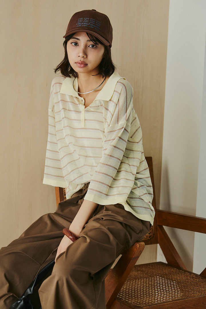 [SET]ボーダーニットポロシャツ+ニーサイドタックウエストドロスパンツ(2set)