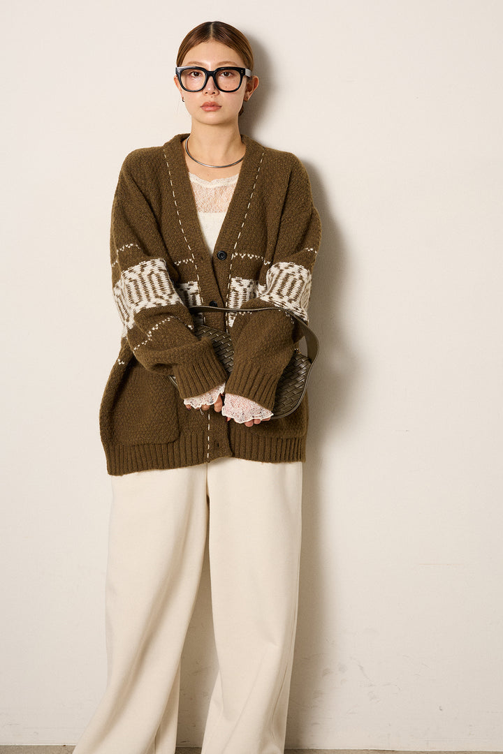 [SET]ライン柄ステッチニットカーディガン+2WAY袖コード刺繍クルーネックプルオーバー+裏起毛スウェットワイドパンツ(3set)