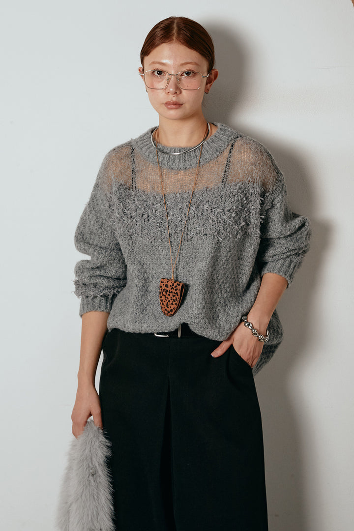 [SET]パターンランダム編みニットトップス+ベルト付きフロントタックデザインパンツ(2set)