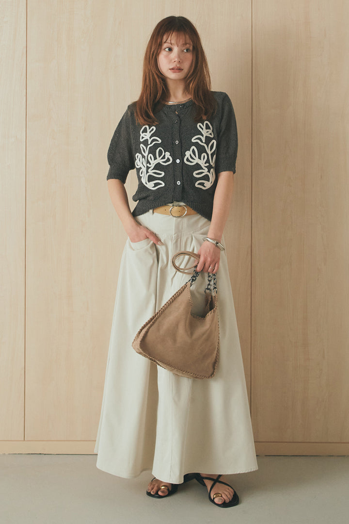 [SET]フロントテープデザイン半袖カーディガン+ミリタリーツイルタックフレアスカート(2set)