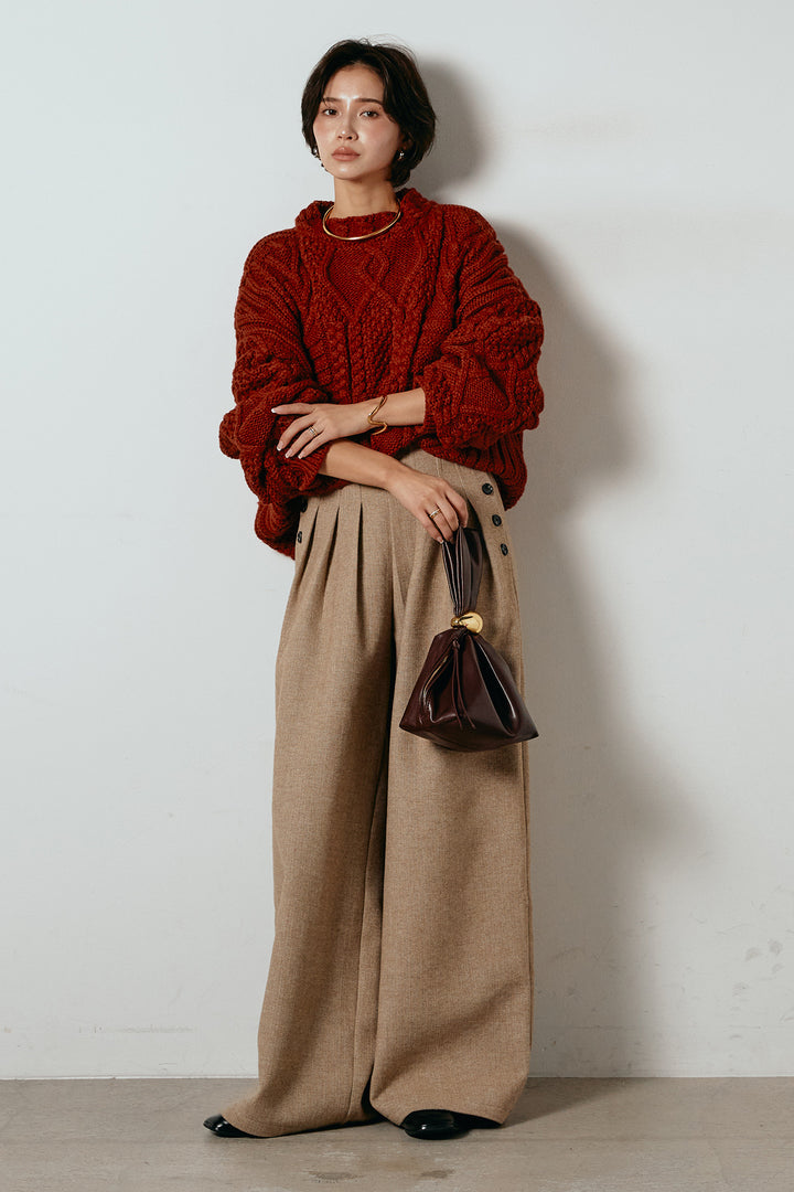 [SET]アラン柄ミックスケーブルニット+サイドボタンツイードタックパンツ(2set)