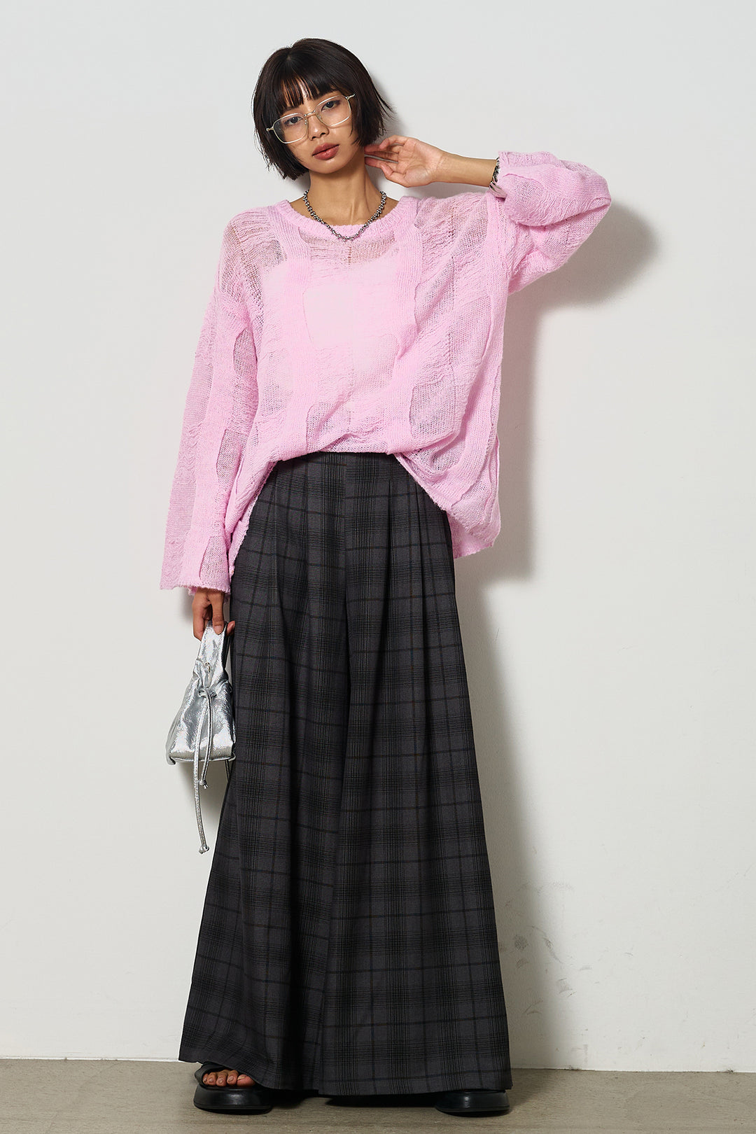 [SET]パターンモヘアローゲージニットプルオーバー+タータンワイドチェックパンツ(2set)
