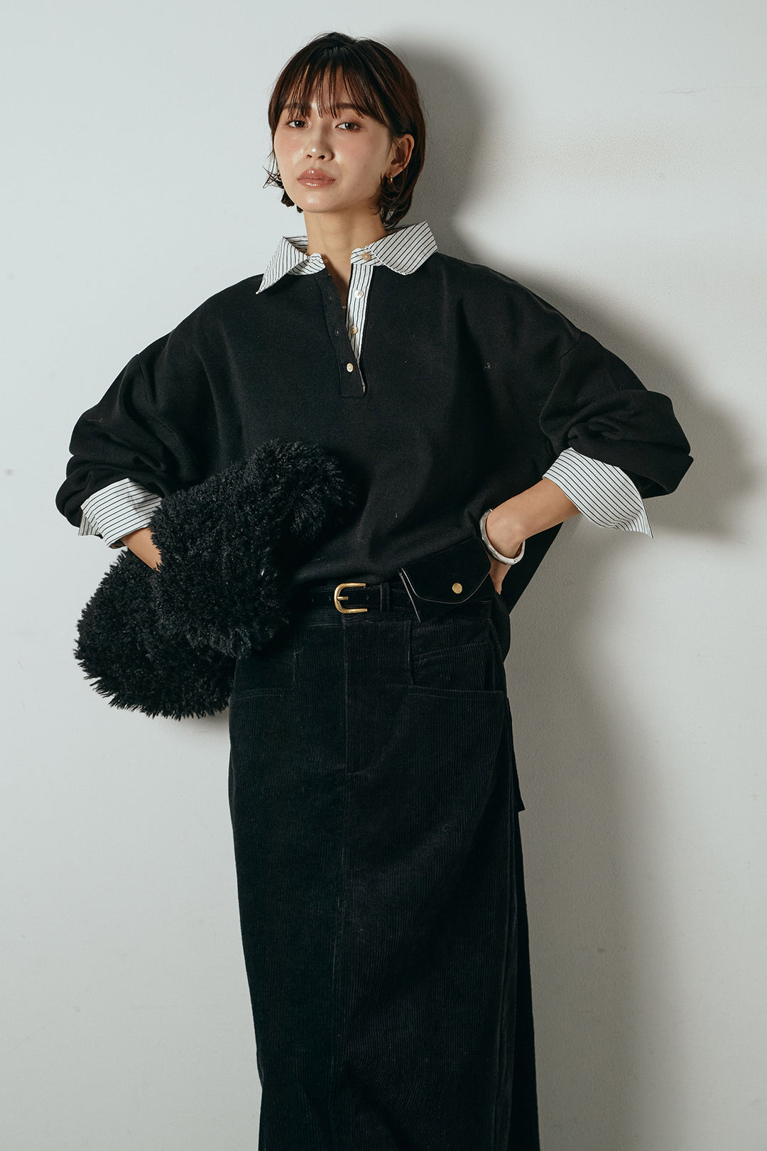 [SET]ストライプシャツドッキングポロトップス+ポーチベルト付きコーデュロイワイドスカート(2set)