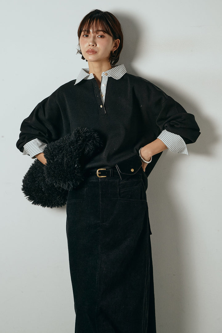 [SET]ストライプシャツドッキングポロトップス+ポーチベルト付きコーデュロイワイドスカート(2set)