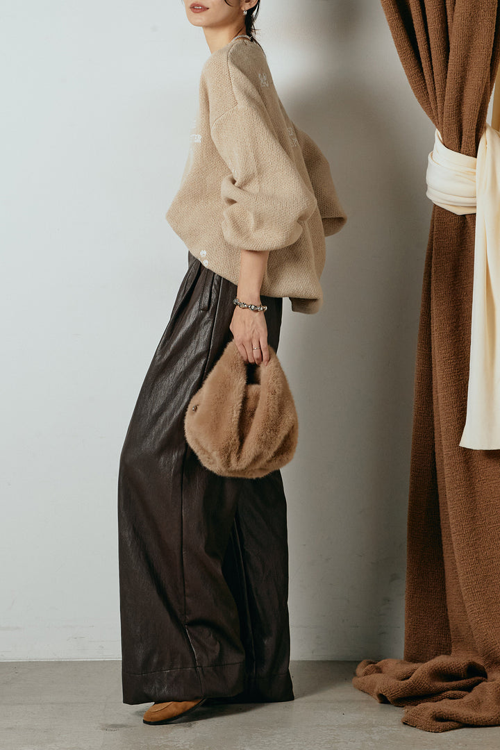 [SET]刺繍ロゴランダムデザインニットトップス+ベルト付きレザーライクタックパンツ(2set)