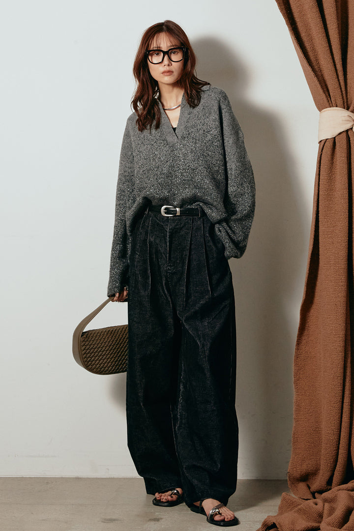 [SET]グラデーションラメニットキーネックプルオーバー+フロントタック入りコーデュロイパンツ(2set)