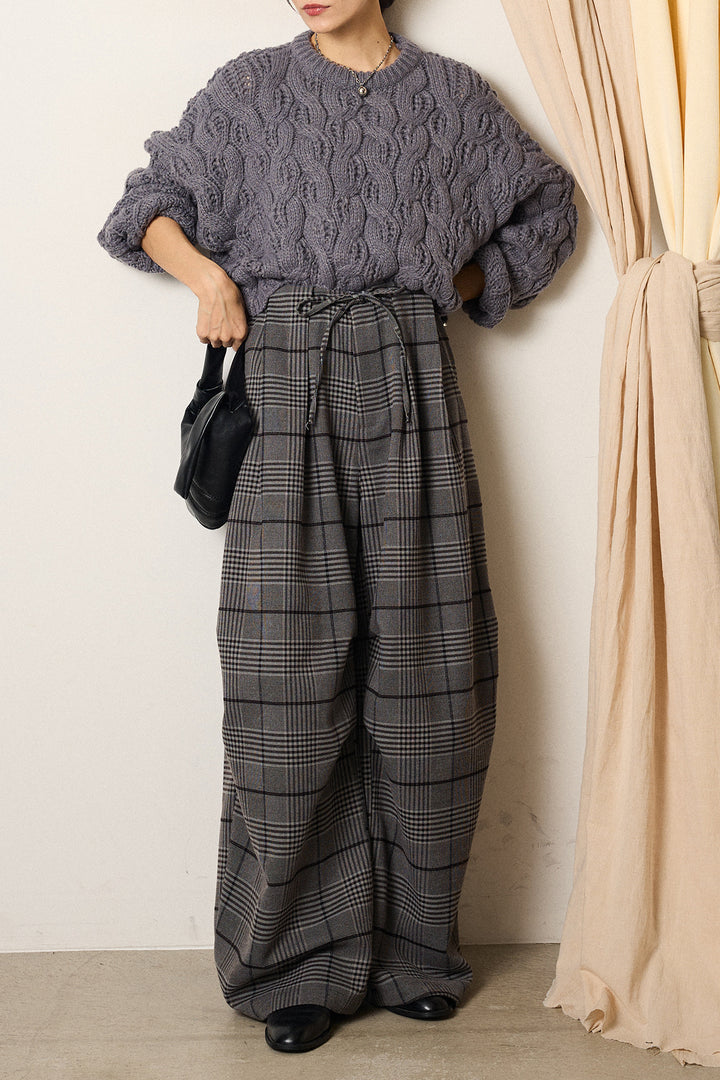 [SET]ケーブルリラックスショートニット+グレンチェックルーズタックパンツ(2set)