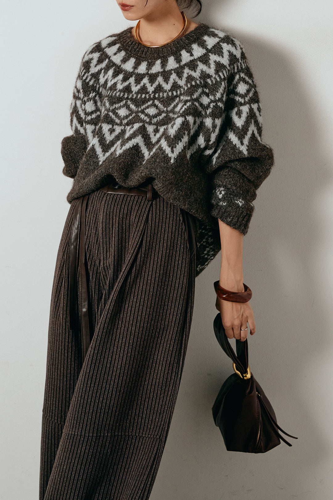 [SET]ノルディック柄Uネックプルオーバー+レザーライク配色ストライプパンツ(2set)