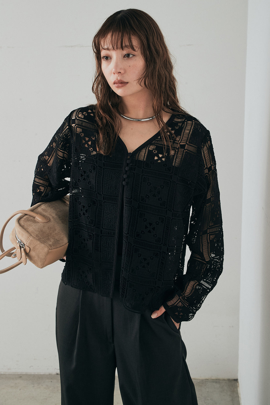 [SET]クロシェレースカーディガン+センタープレスセミワイドパンツ(2set)