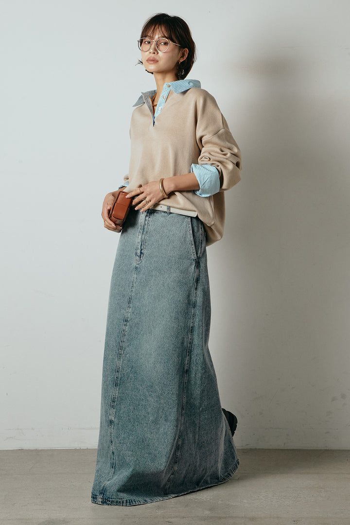 [SET]ストライプシャツドッキングポロトップス+デニムロングフレアスカート(2set)