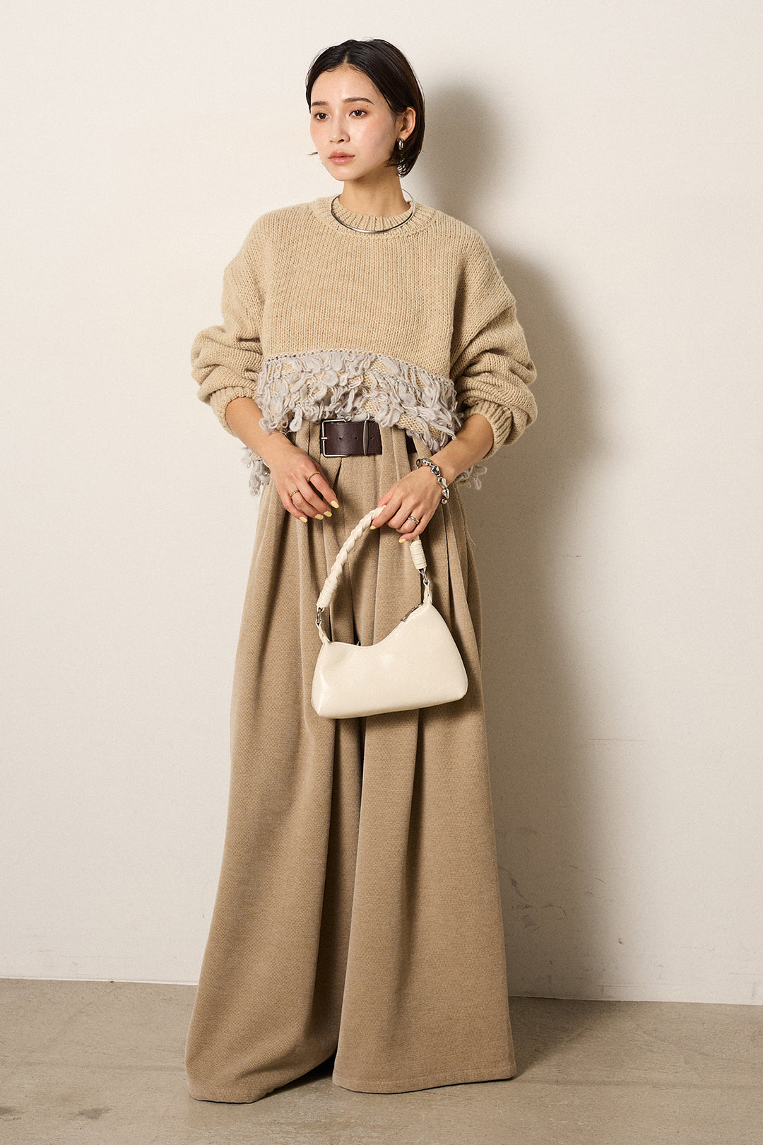 [SET]ループ編み切り替えニットプルオーバー+ベルトループコーデュロイワイドパンツ(2set)