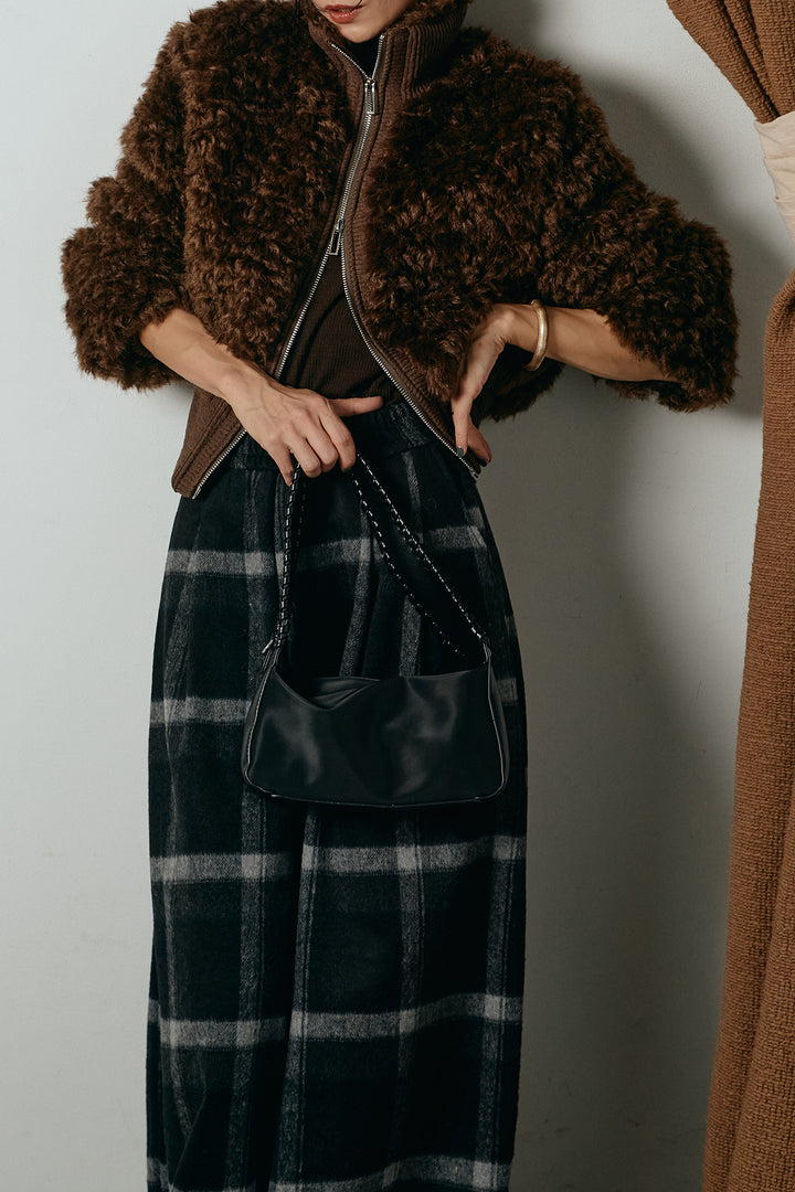 [SET]ハイネックショート丈ボアジップブルゾン+起毛タータンチェック柄ワイドパンツ(2set)