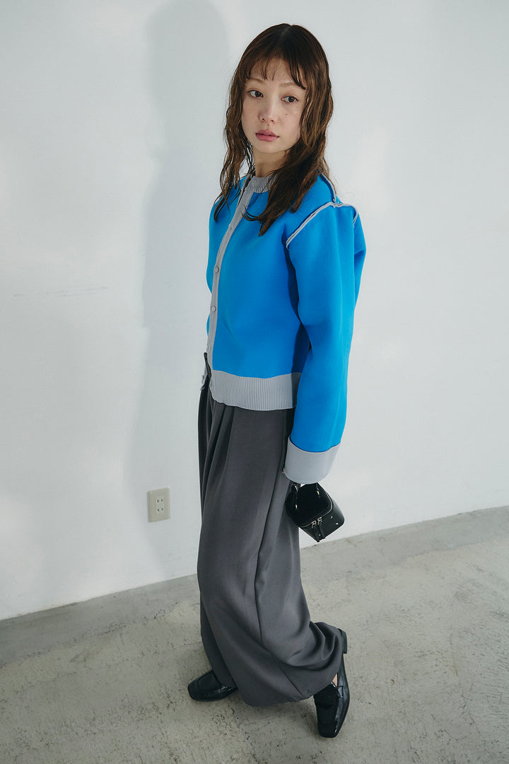 [SET]リバーシブル配色ニットカーディガン+ベルト付きツータックワイドパンツ(2set)