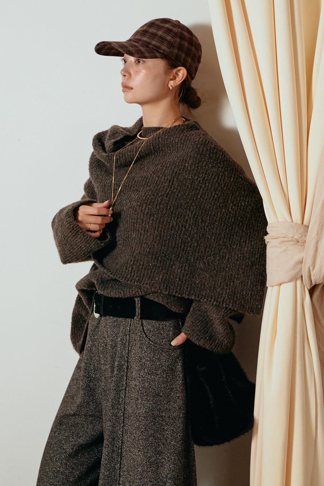 [SET]ケープデザインリブニットトップス+太ベルト付きツイードワイドパンツ(2set)