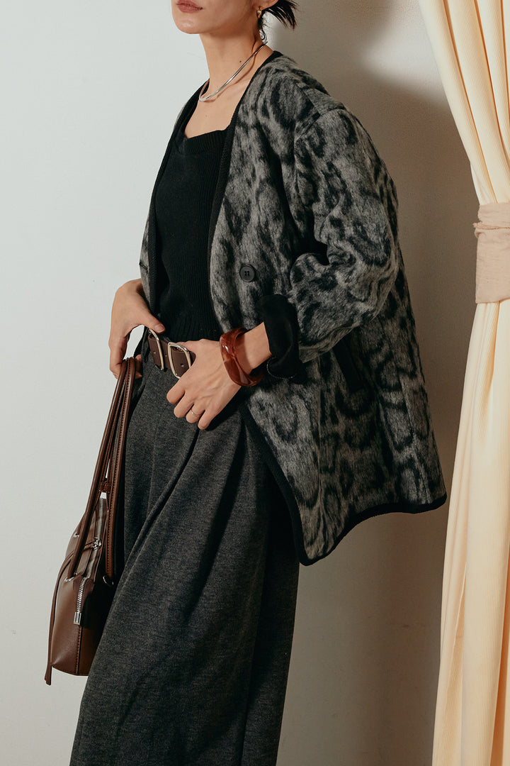 [SET]ノーカラーレオパード柄アウター+フェイクレザー太ベルト付きタックワイドパンツ(2set)