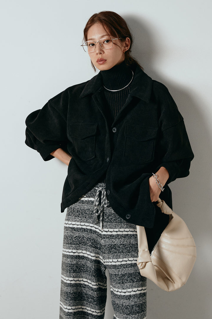 [SET]襟付きコーデュロイポケットシャツ+マルチライン柄リラックスニットパンツ(2set)