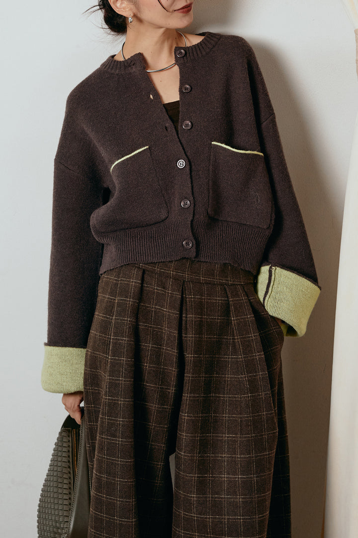 [SET]アルパカタッチダブルフェイスカーディガン+ウールライクチェックタックパンツ(2set)