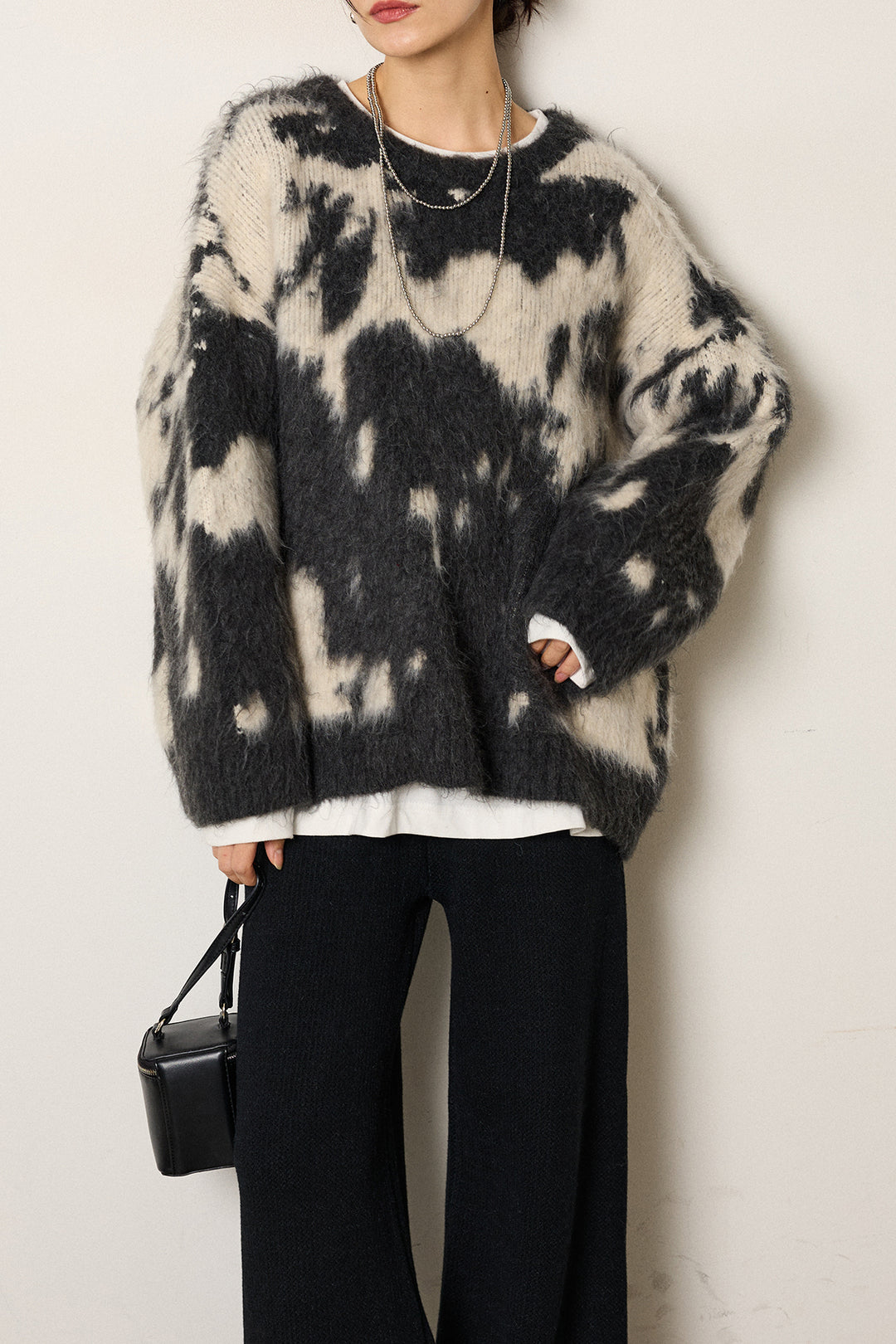 [SET]モヘアタッチマーブルニット+ワイドリブニットイージーパンツ(2set)