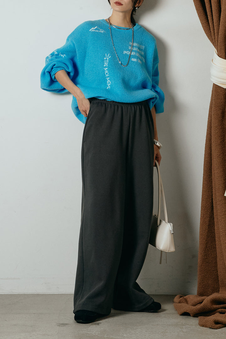 [SET]刺繍ロゴランダムデザインニットトップス+裏起毛スウェットワイドパンツ(2set)