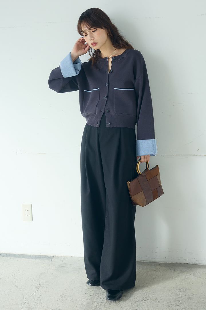 [SET]レーヨンポリダブルフェイスカーディガン+サイドベルトタック入りスラックス(2set)